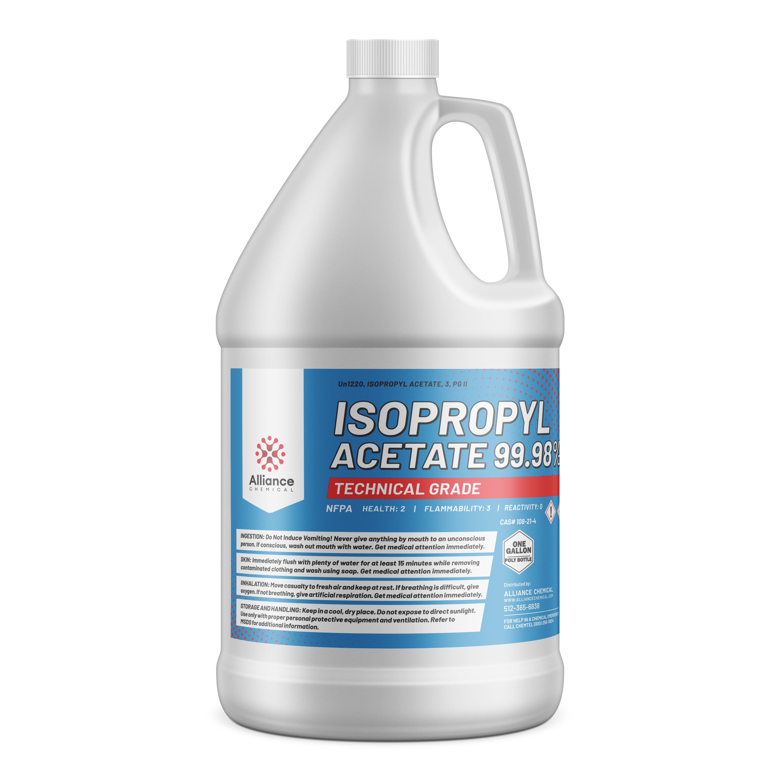 One-gallon technical-grade Isopropyl Acetate 99.98% in white HDPE jug, featuring NFPA diamond (2-3-0), safety warnings, and Alliance Chemical branding.